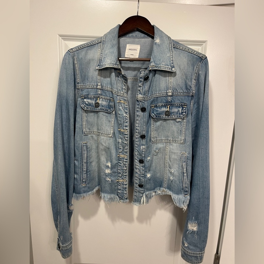HIDDEN Los Angeles Designer Raw Hem Jean Jacket Denim Destroyed Size Large